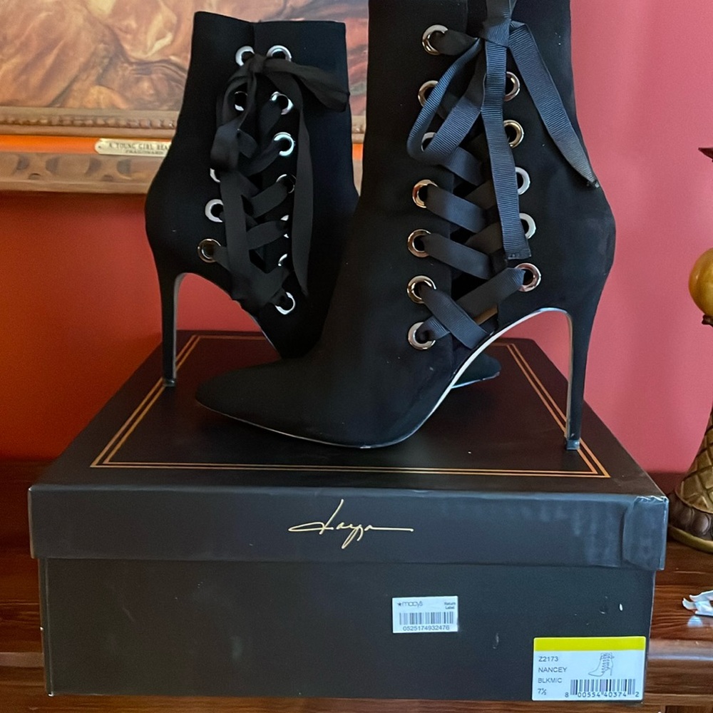 Zendaya black suede side lace boots with zipper.